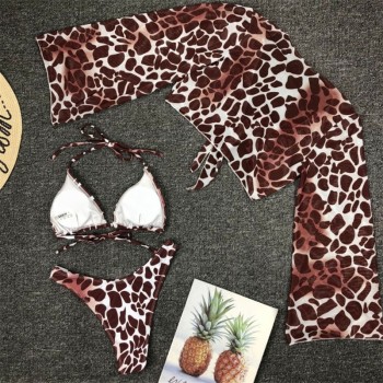  Long Sleeve Mesh Bikini Swimwear Women Three Pieces 2020 Leopard Swimsuit Female Summer Sexy Bathing Suit Brazilian